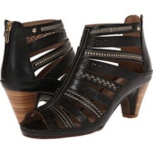PIKOLINOS Black Leather Gladiator Strappy Stacked Heel Back Zip Sandal - 39/8.5